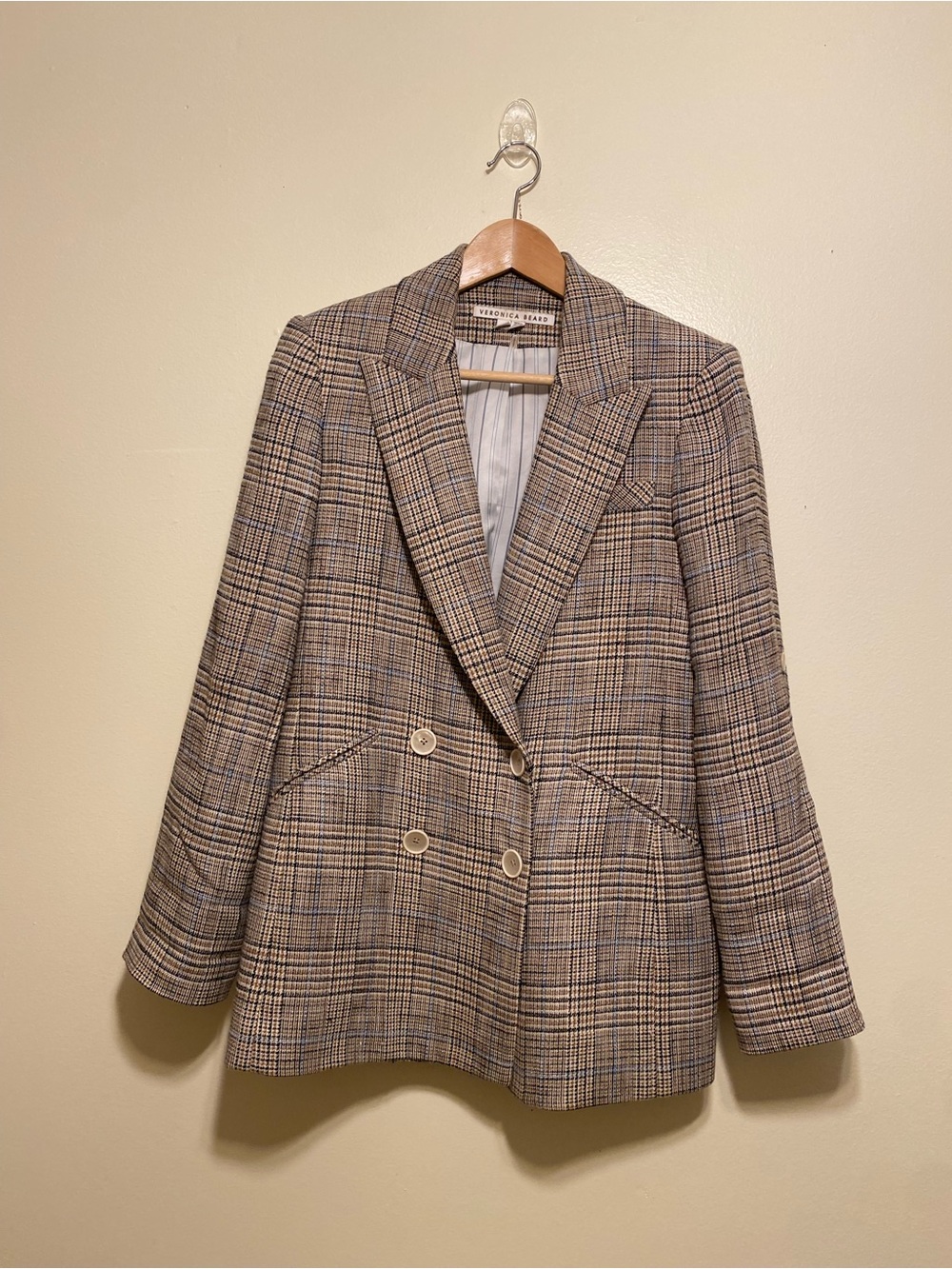 Veronica Beard Double-Breasted Plaid Blazer - Beige/Tan/Blue. Size 8